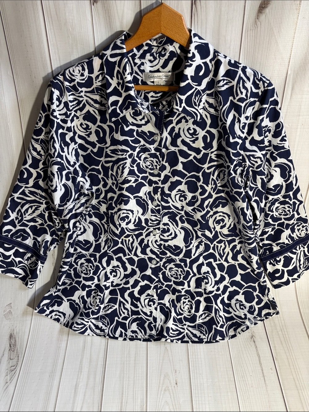 Coldwater Creek Navy & White Roses Button-Down Shirt
